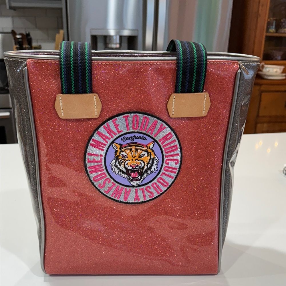 Consuela Chica Size Glitter Coral Tote with Tiger Patch and Black Trim